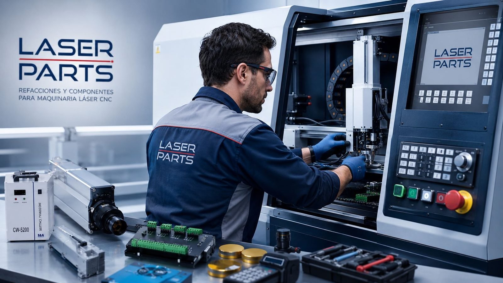 Técnico de Laser Parts trabajando en el interior de una máquina láser CNC